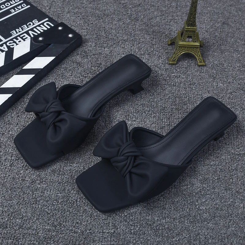 【DR官方正品】小众露趾外出法式蝴蝶结一字面方头小矮跟凉拖