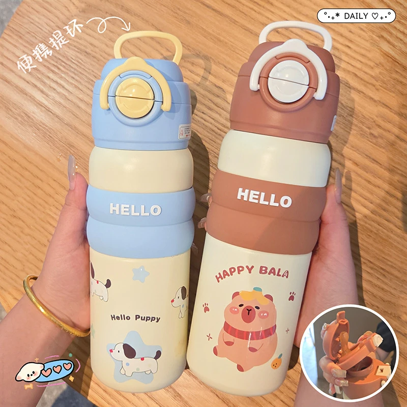 新款316不锈钢儿童保温杯大容量便携手提吸管杯卡通可爱学生水杯