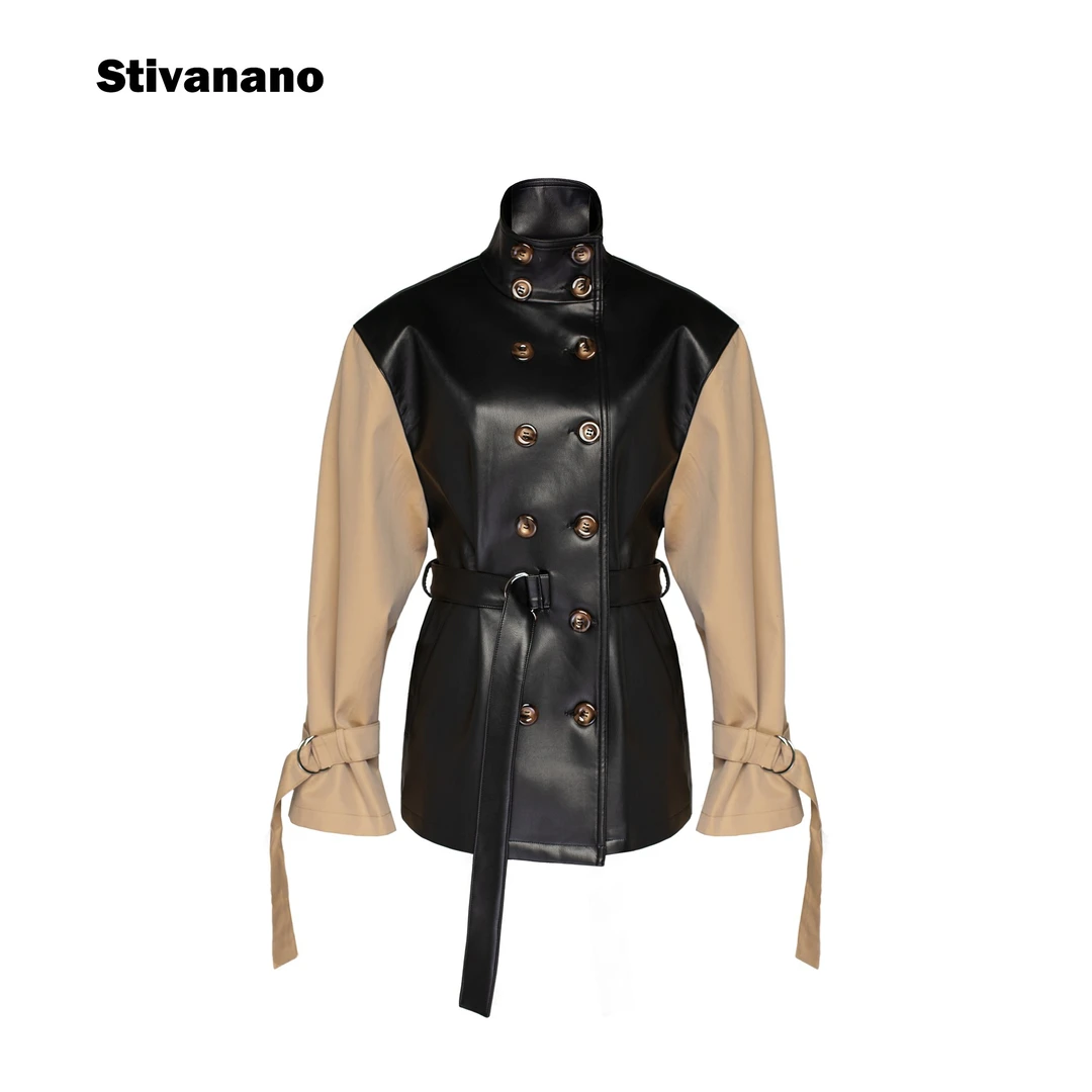 Stivanano皮革拼接溜肩短风衣