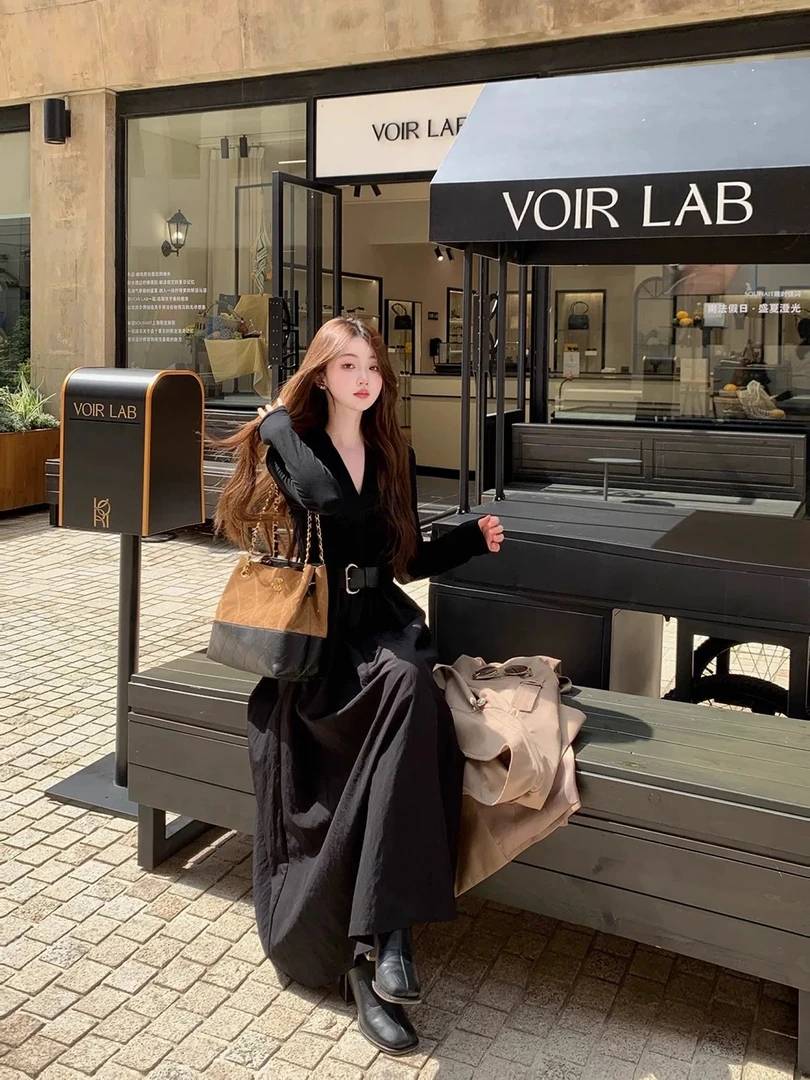 MM-83118秋季拼接V领荡领长袖长裙连衣裙裙子法式复古时尚