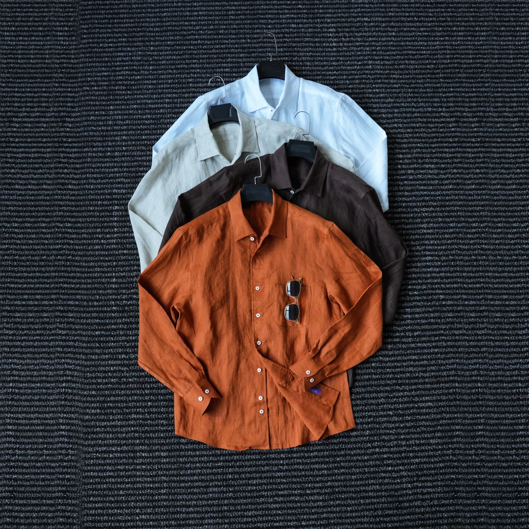 CssuGent高定新贵老钱100%亚麻一片领衬衫男手工鸡爪扣商务衬衣潮