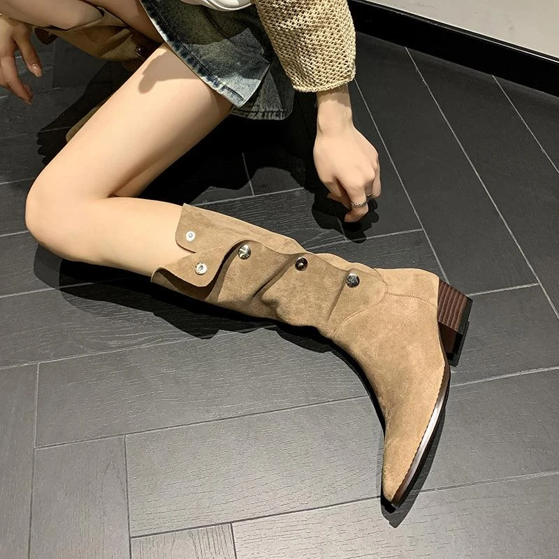 【CBMT旗舰店】西部牛仔靴子女堆堆靴2025新款秋季单靴尖头长筒靴