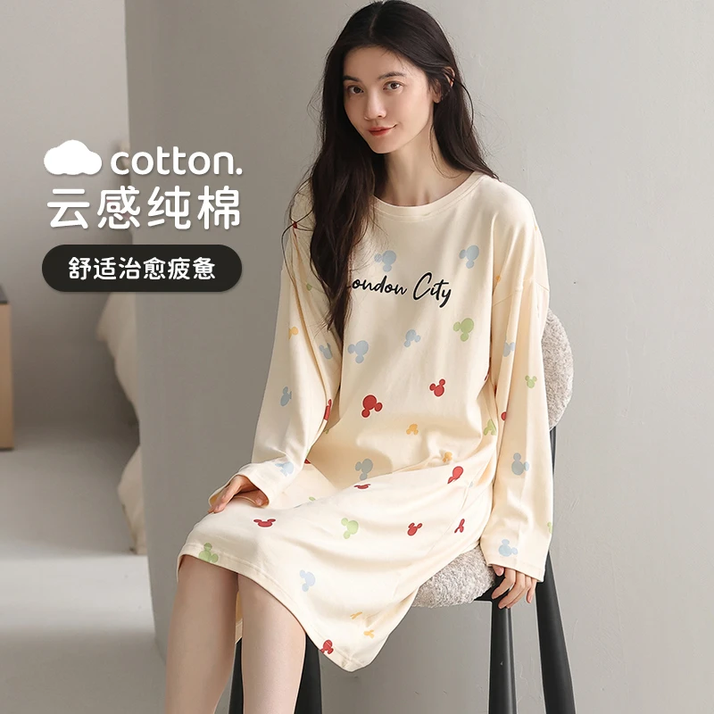 100%棉睡衣女春秋新款可爱卡通纯棉睡裙甜美少女长袖宽松连衣裙