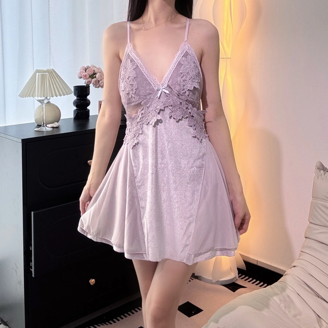 爆款金丝绒性感睡衣女2025新款秋冬季带胸垫吊带睡裙蕾丝套装纯欲