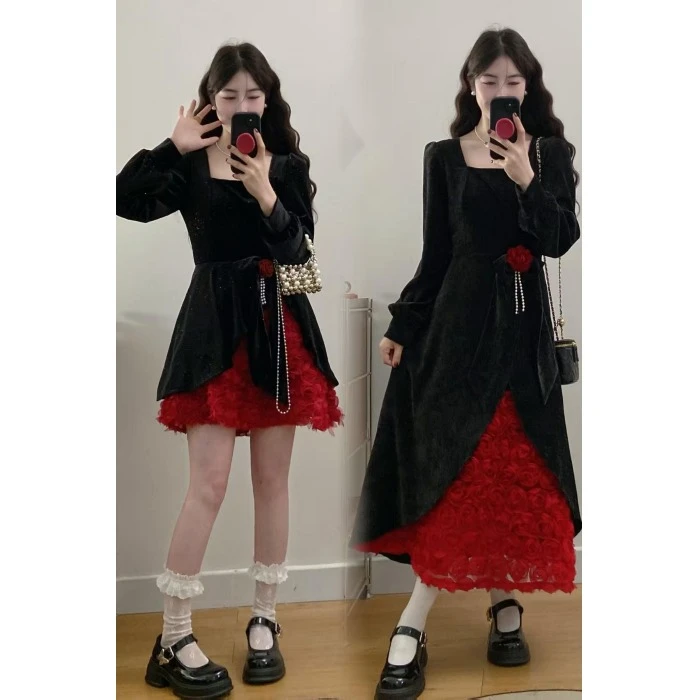 2025大码玫瑰丝绒战袍细闪裙连衣裙春季新款显瘦长袖