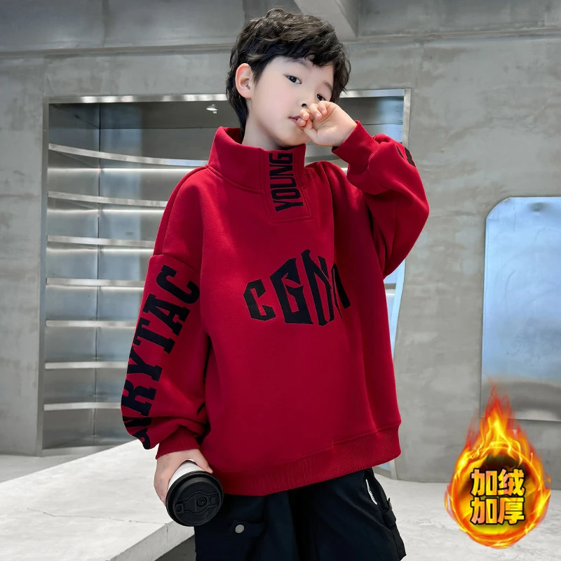 儿童男童冬季加绒卫衣2026新款男孩红色马年本命年大童爆款拜年服