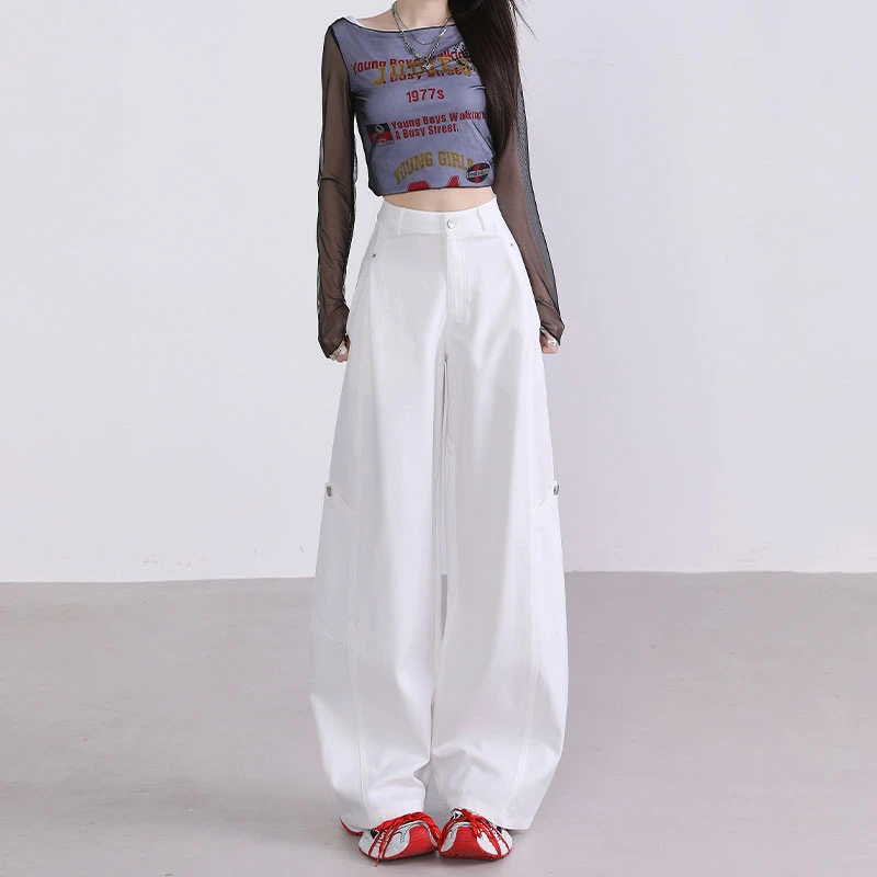 白色高级感休闲弯刀裤女2025秋冬新款高腰宽松显瘦垂感阔腿工装裤
