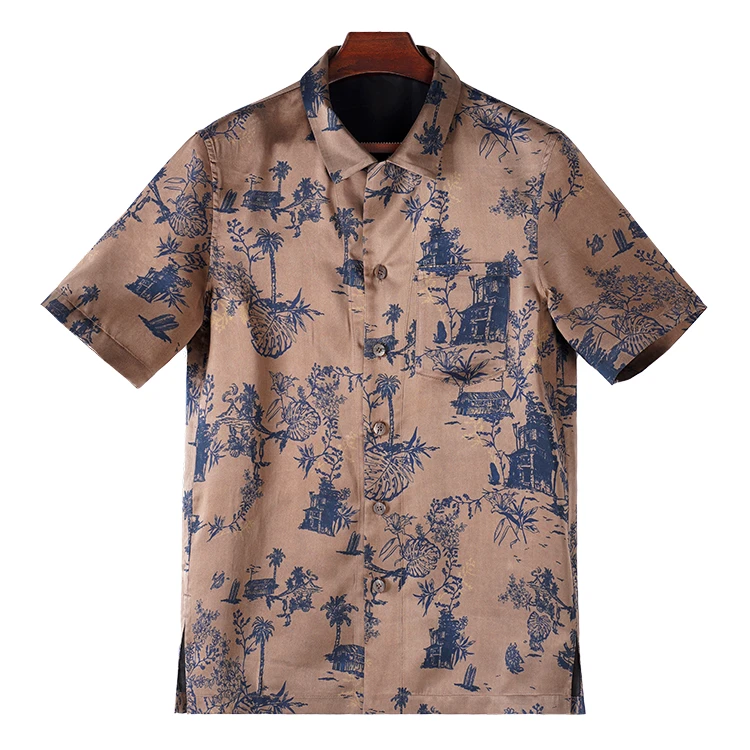 99391 男士短袖衬衫 桑蚕丝素平缎香云纱男装新中式上衣