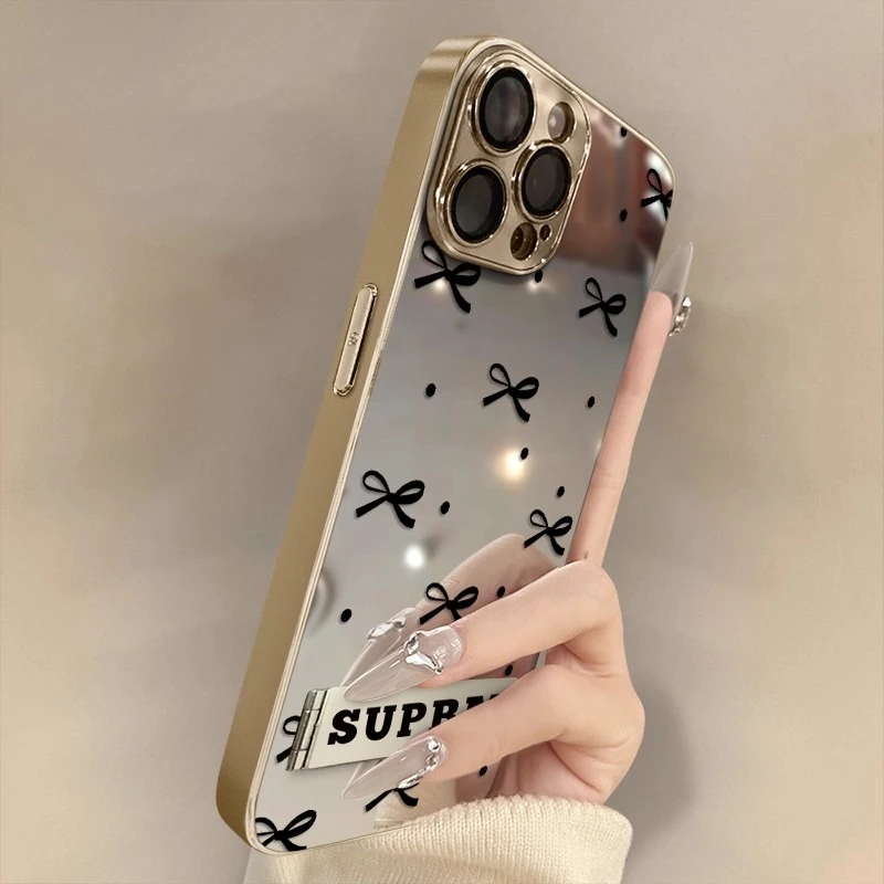 镜面蝴蝶结适用苹果16promax手机壳新款iphone15电镀女款全包防摔