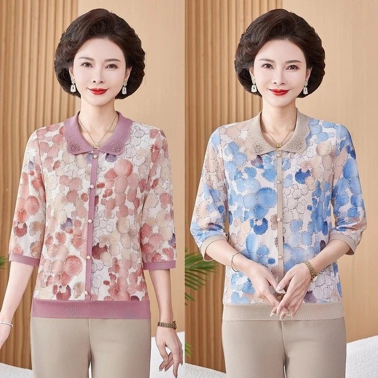 妈妈春夏七分袖薄款T恤上衣2025新款洋气中老年女装遮肉打底小衫