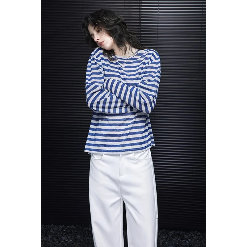 moment条纹圆领T恤女2025春季新款简约宽松设计感小众日系防晒衫