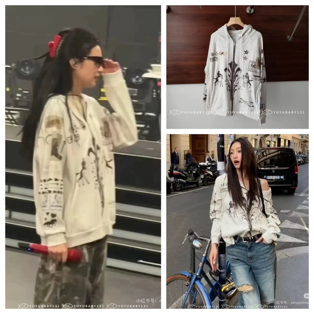 JENnie同款复古秋季新款印花连帽卫衣开衫外套-Q1003