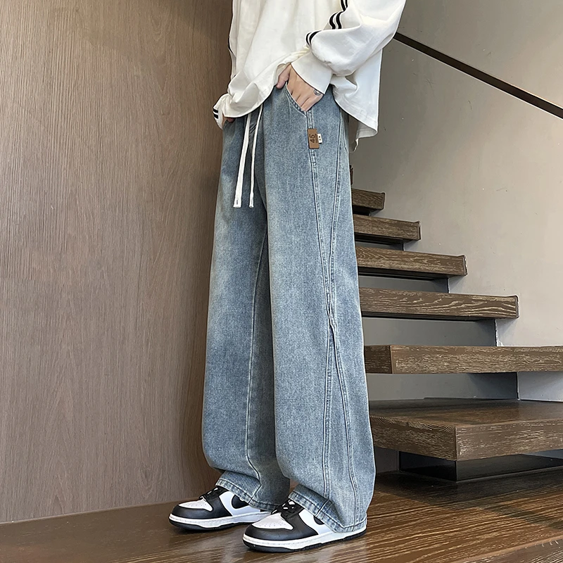 2025春秋新款青少年明线装饰牛仔裤美式潮牌松紧腰舒适百搭款长裤