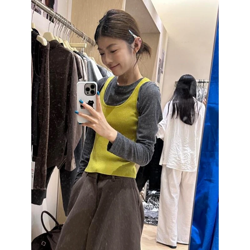 韩系圆领长袖T恤针织吊带背心两件套女2025早秋季新款设计感上衣