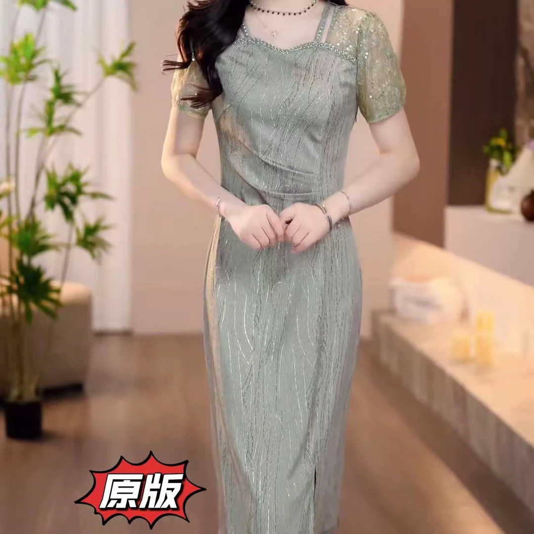 高档华尔缎时尚女装连衣裙2025夏季新款显瘦遮肉洋气减龄礼服裙