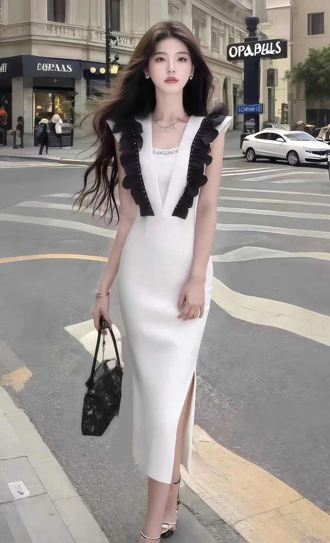 新款法式轻奢优雅别致设计感白色V领修身收腰包臀长款连衣裙女