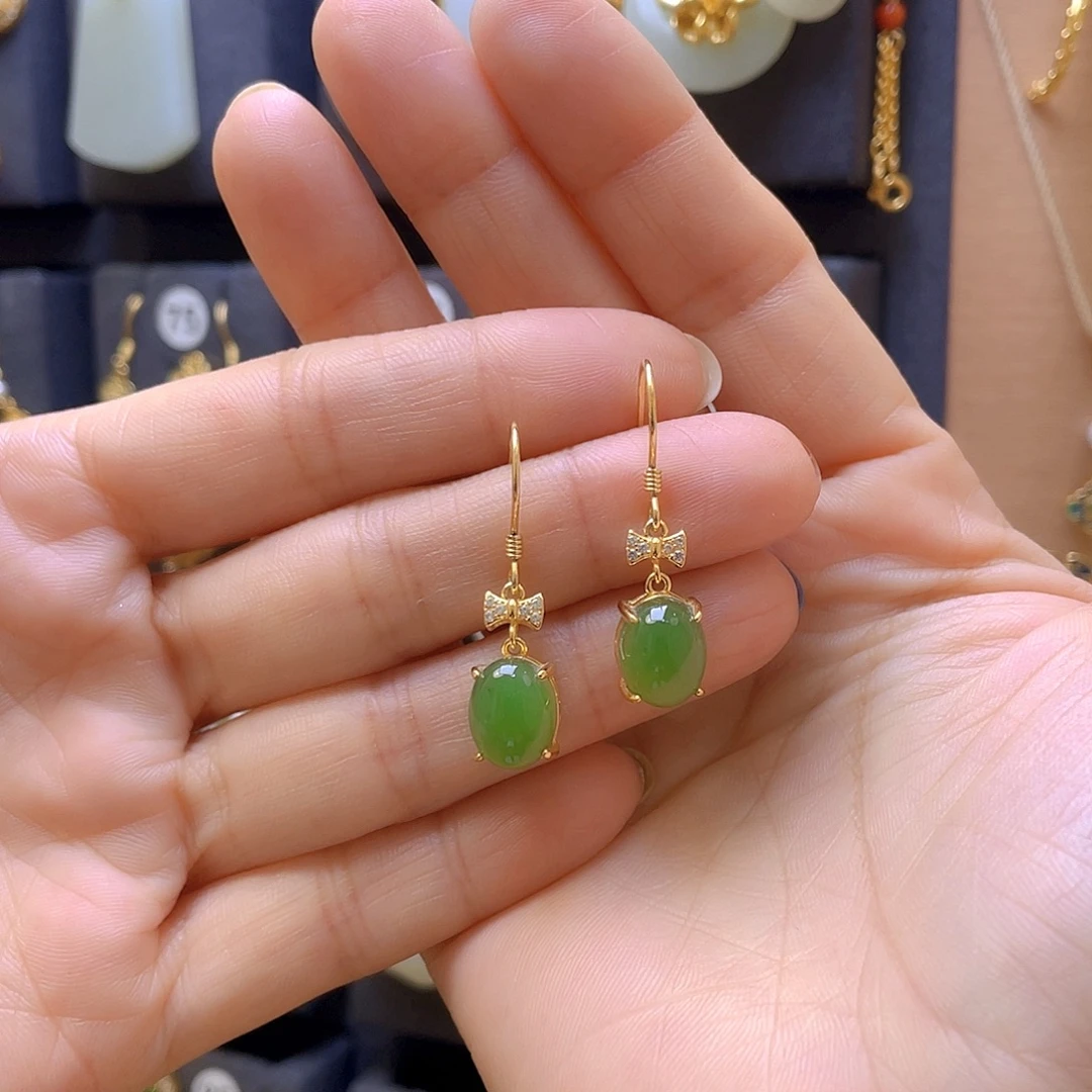 和田玉银S925镀金镶嵌耳饰