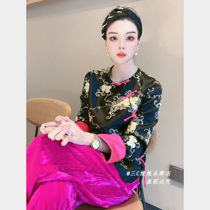 宸嫚三C娘娘33289新中式气质醋酸早秋上衣