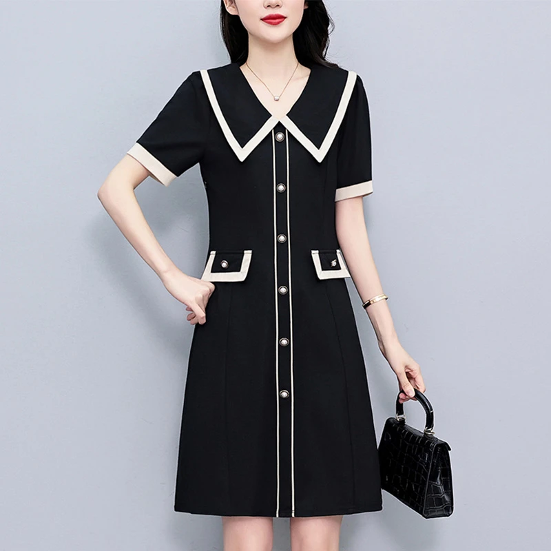 时尚洋气宽松显瘦撞色拼色大码女装胖mm短袖连衣裙夏季新款阔太太