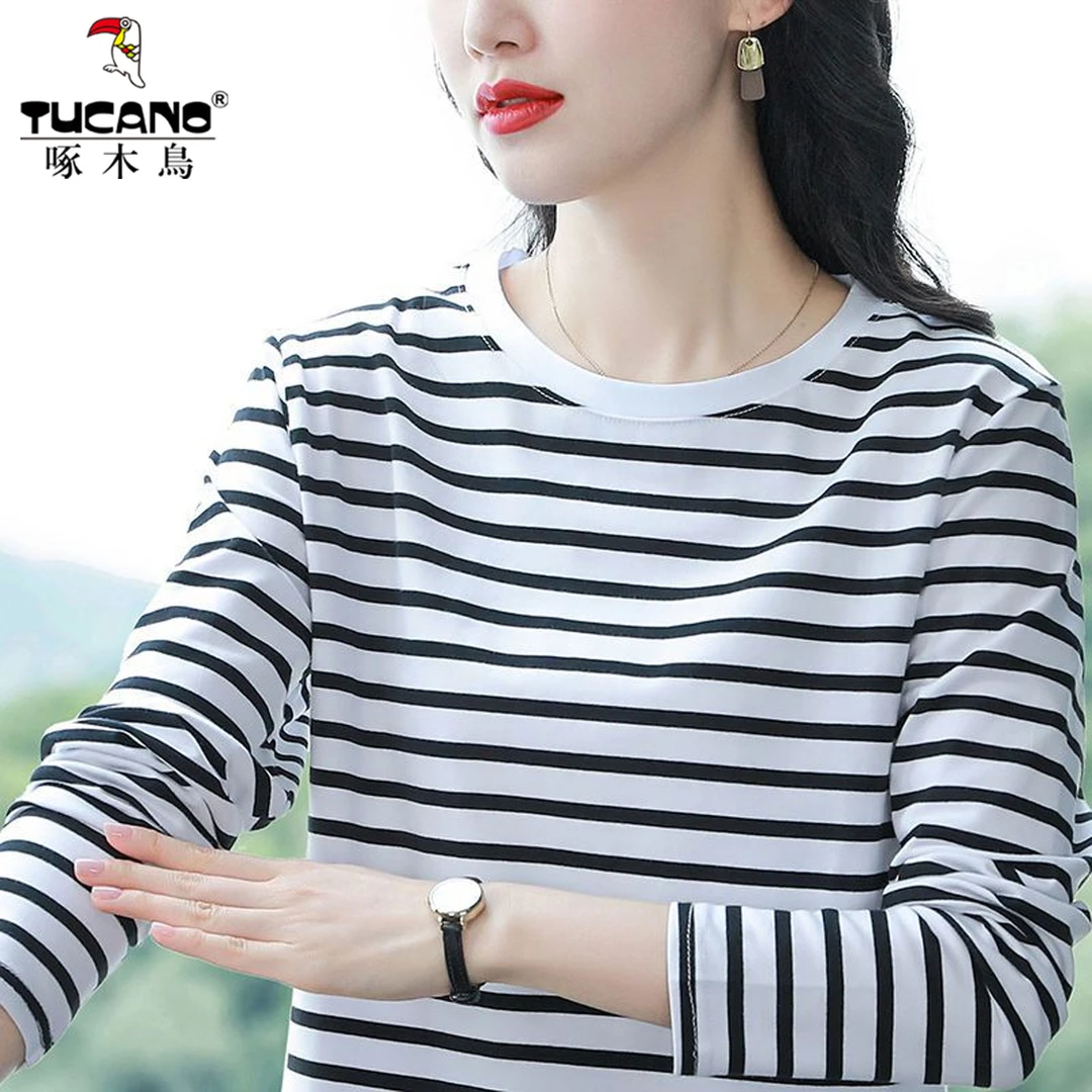 啄木鸟~纯棉长袖t恤女士秋冬新款条纹洋气小衫上衣中年妈妈打底衫