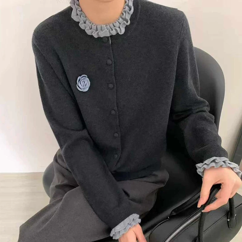 小香风木耳边圆领开衫女2025春季法式玫瑰花外搭别致针织上衣