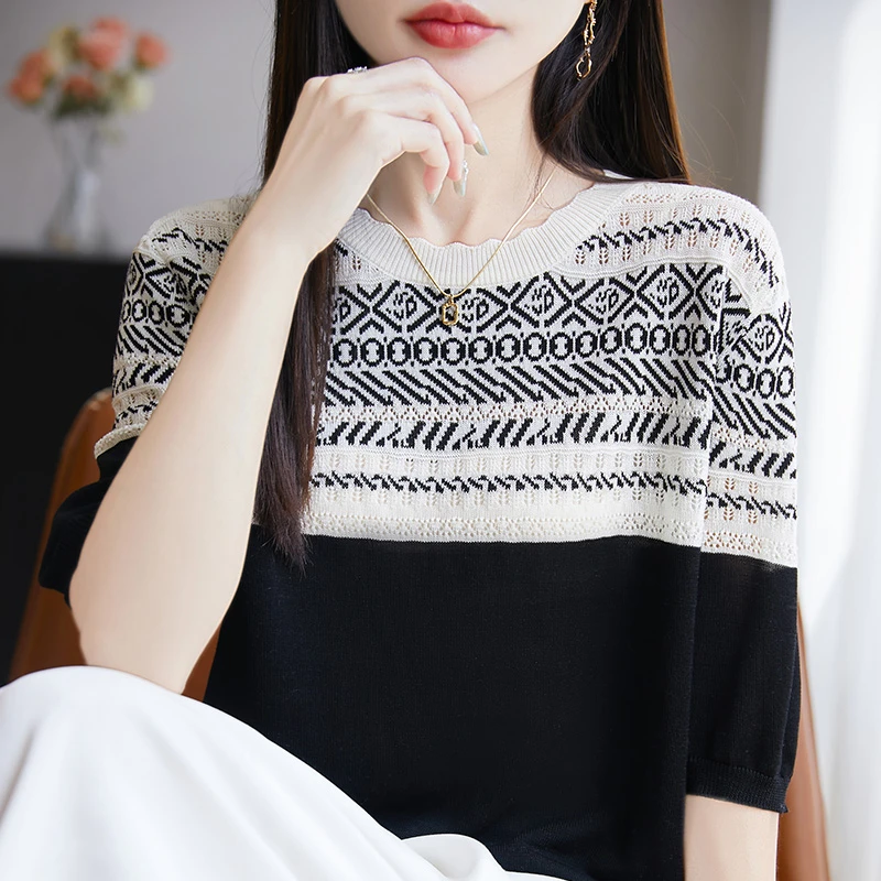 羊范2025夏季新款100%莱赛尔天丝针织短袖女花边圆领拼色显瘦上衣