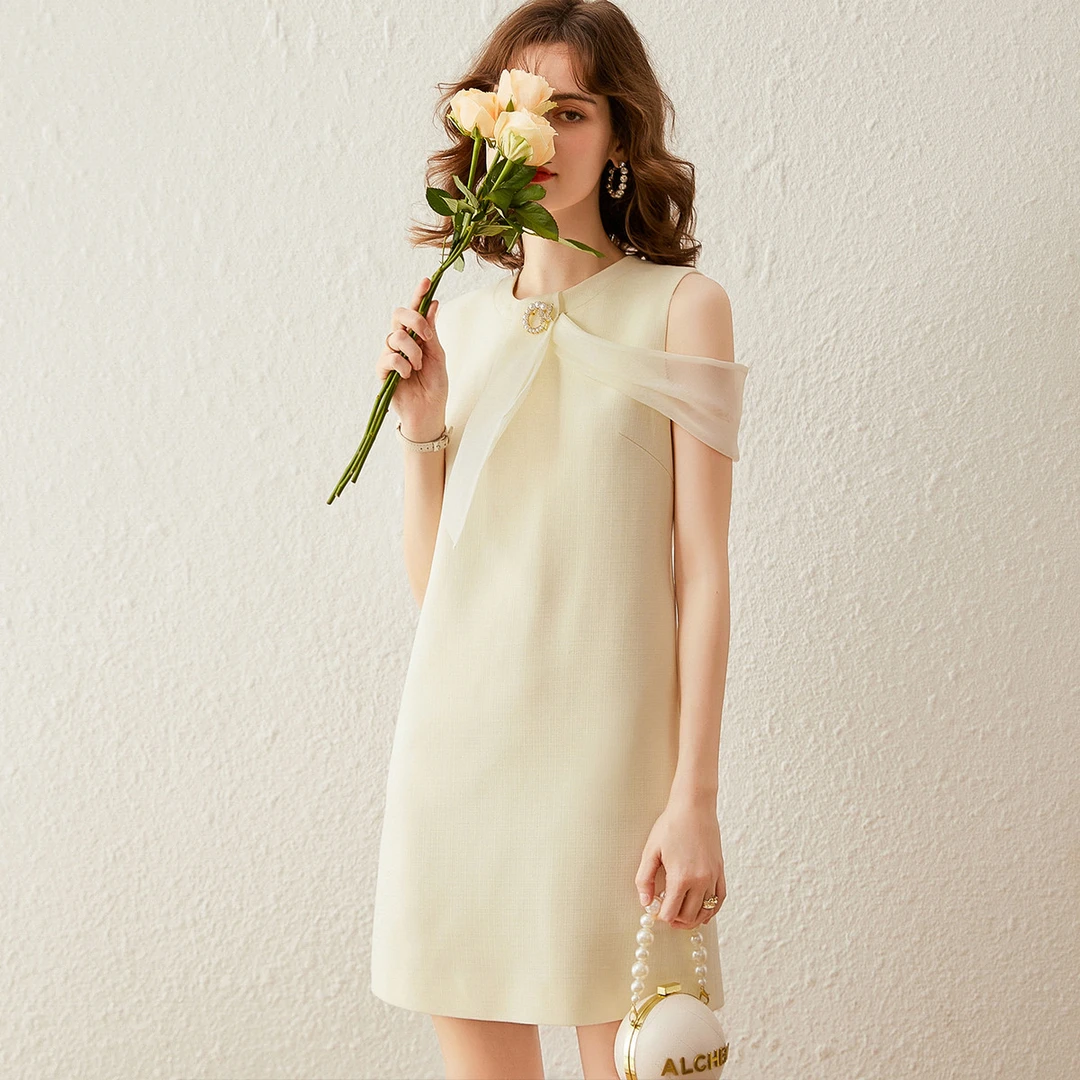 白鹿语夏款优雅撞料领结胸针装饰背心裙法式无袖连衣裙女ZYU10065