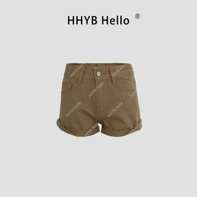 HHYB Hello2025新款时尚百搭款短裤中腰卷边直筒牛仔短裤Q254097