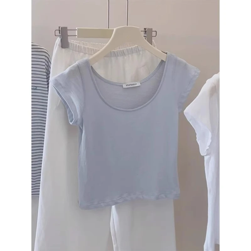 低圆领蓝色短袖t恤女士修身显瘦体恤衫2025夏季新款韩系短款上衣