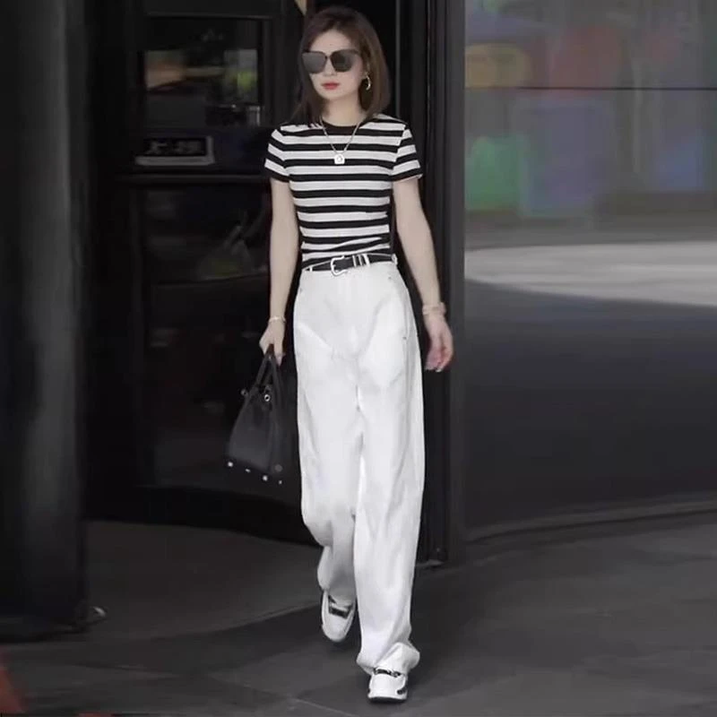 窄版白色牛仔裤女阔腿裤高腰显瘦直筒裤夏季新款搭配T恤套装长裤