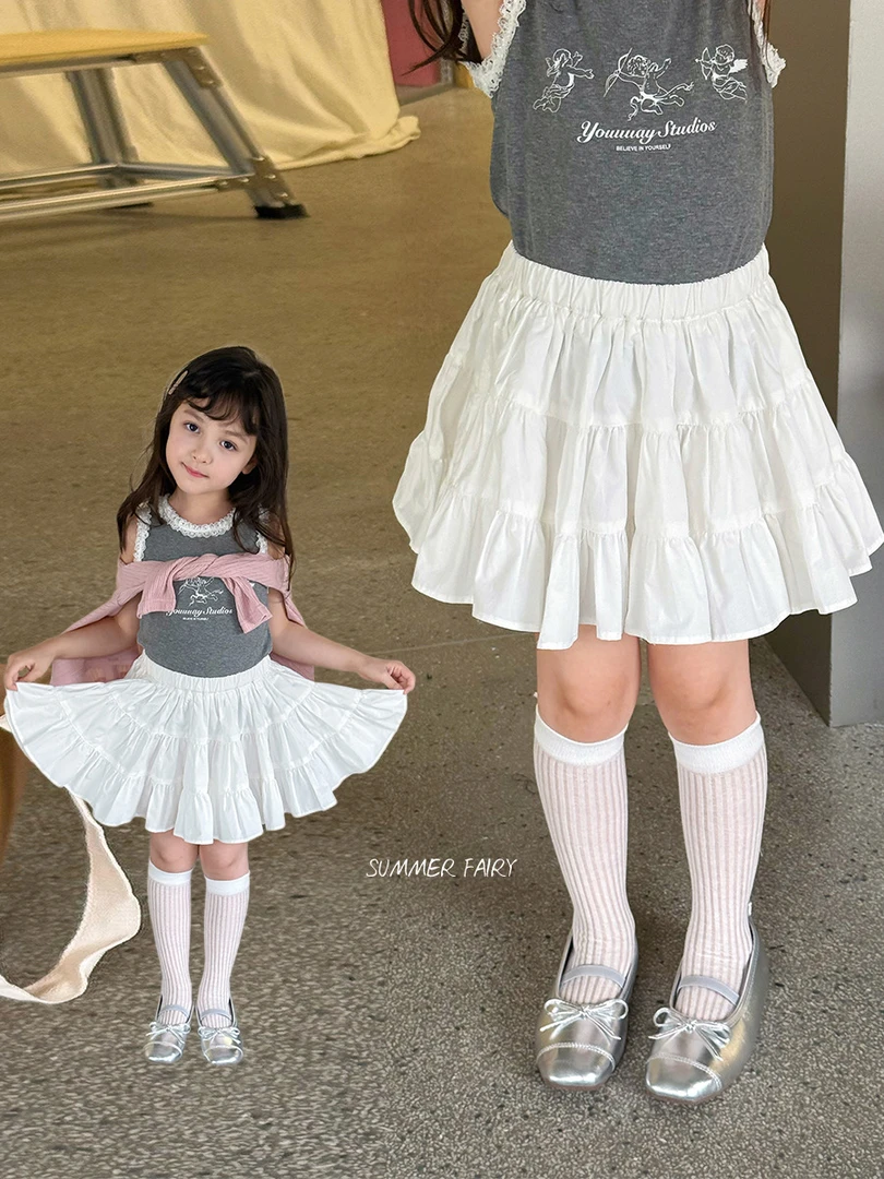 【纯棉】女童白色半身裙夏季儿童韩版洋气纯色大裙摆短裙25D075