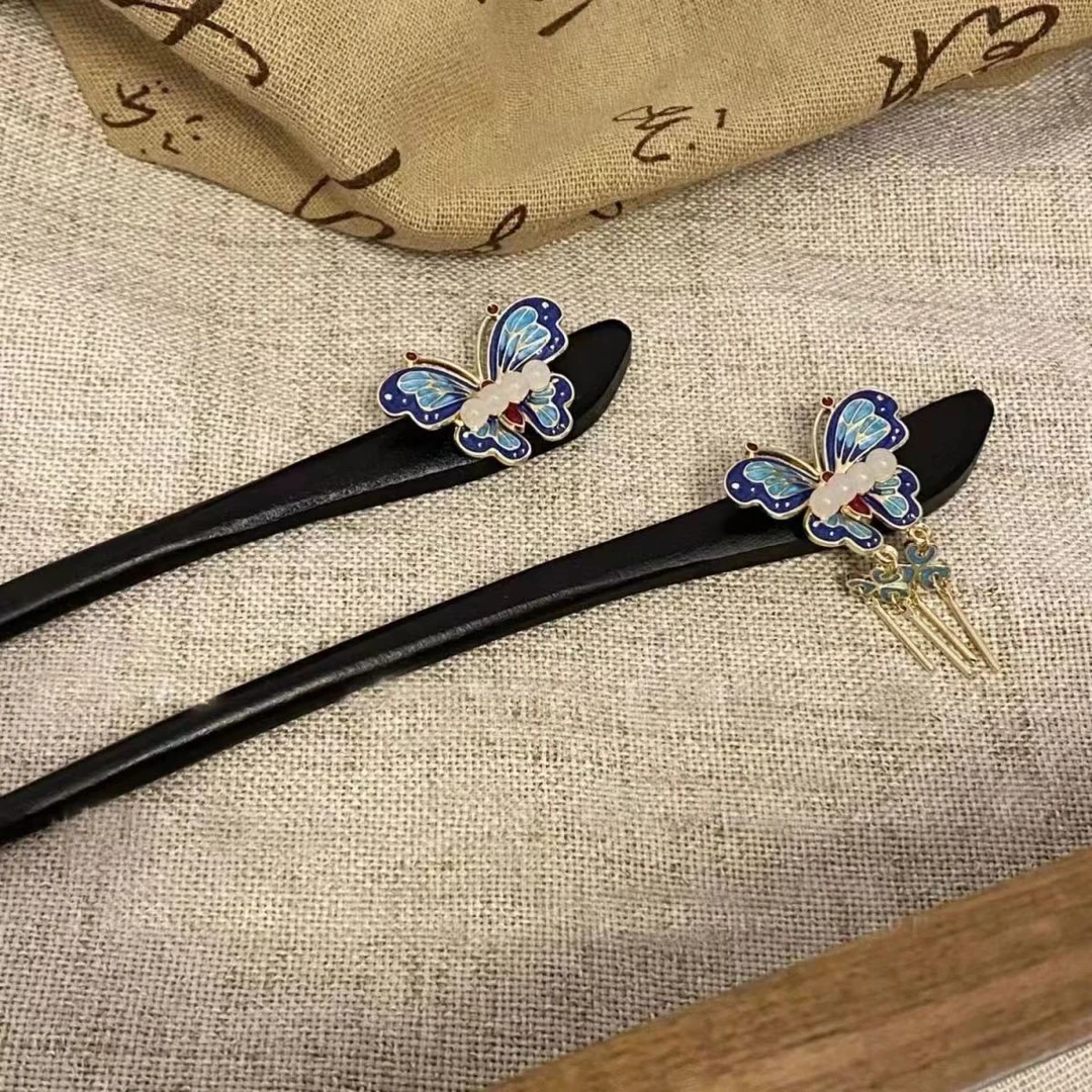 蓝闪蝶发簪女高级感小众设计感木簪国风盘发簪子汉服旗袍古风簪子