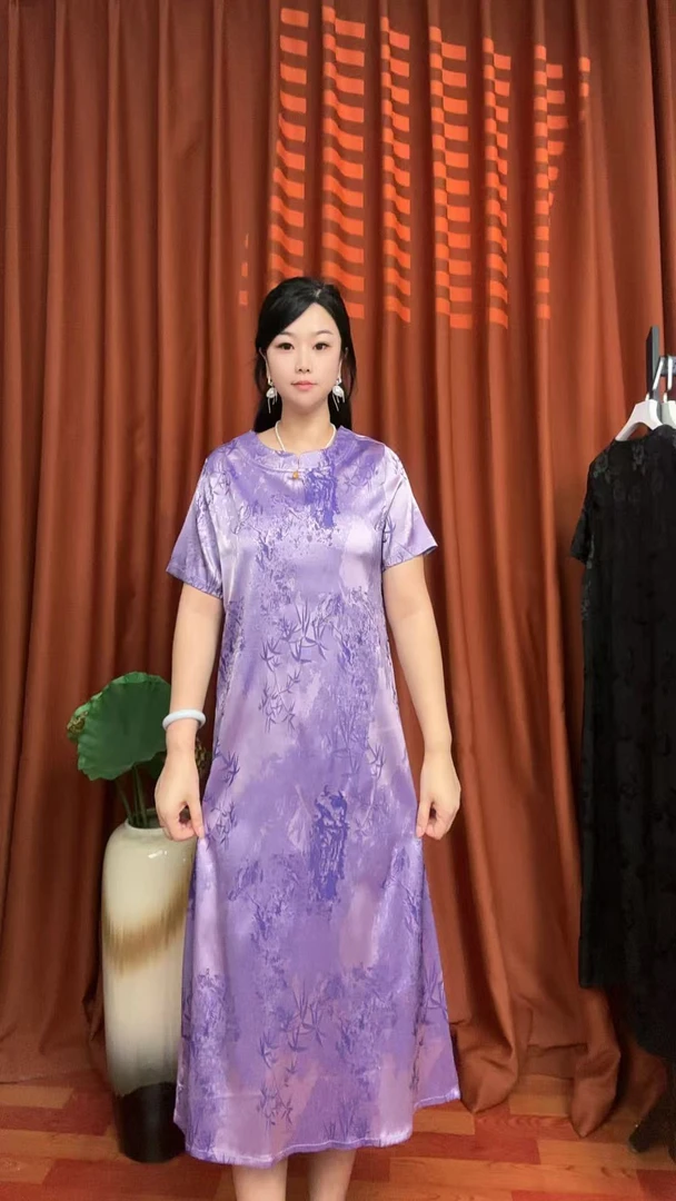 （紫竹吊坠）夏季休闲气质中长款显瘦宽松时尚妈妈装连衣裙