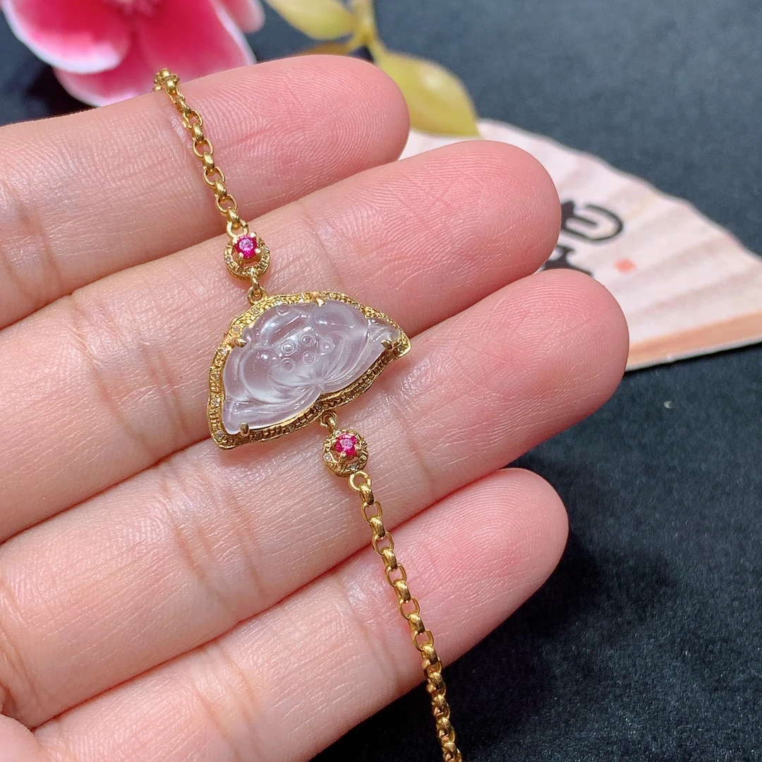 18k金天然A货翡翠荷花手链经典轻奢时尚