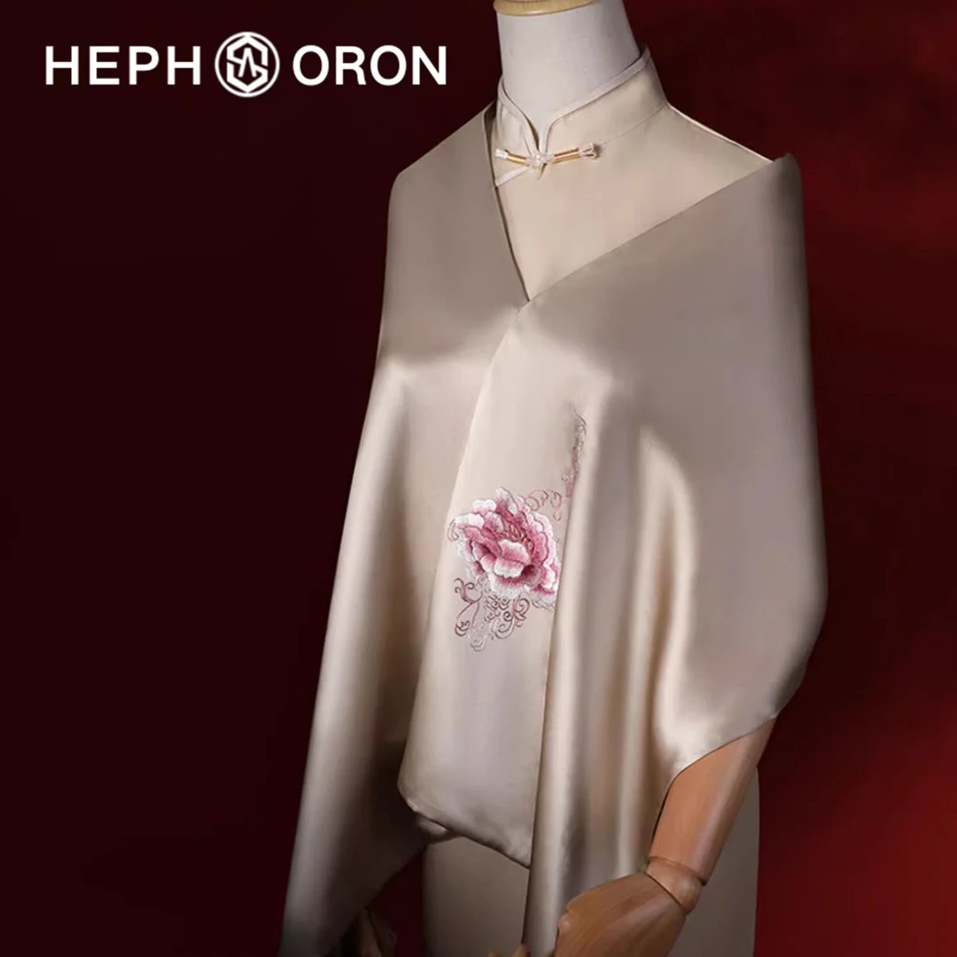 HEPHSORON苏绣丝巾礼盒送妈妈香槟刺绣披肩百搭桑蚕丝真丝围巾