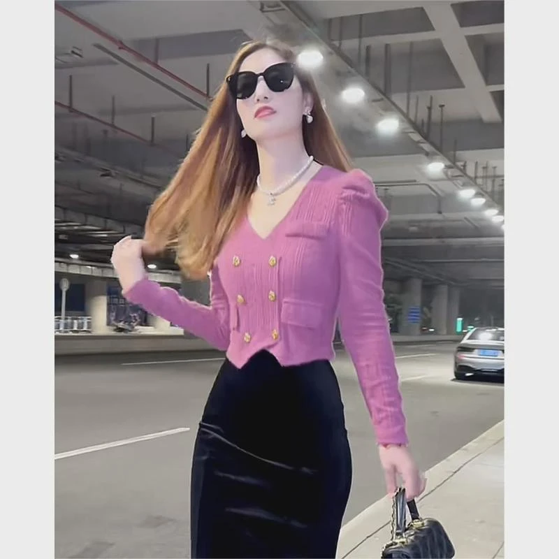 时尚百搭双排扣蕾丝衫春秋冬高级感不规则泡泡袖内搭时尚开衫女潮