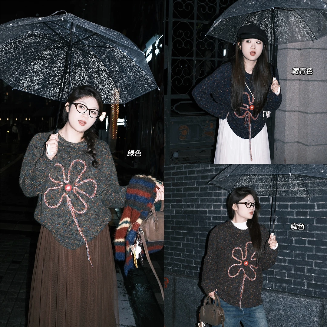 裂渡宣宣【霓虹小调】微胖大码女冬时尚撞色花朵针织毛衣ZY510A43