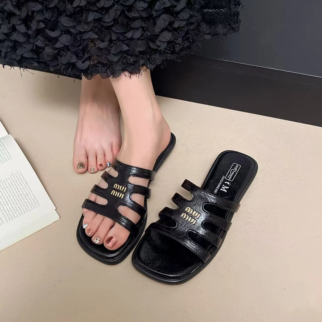 323/D平底夏季一字拖小香风平底拖鞋时尚外穿韩版软底厚底百搭