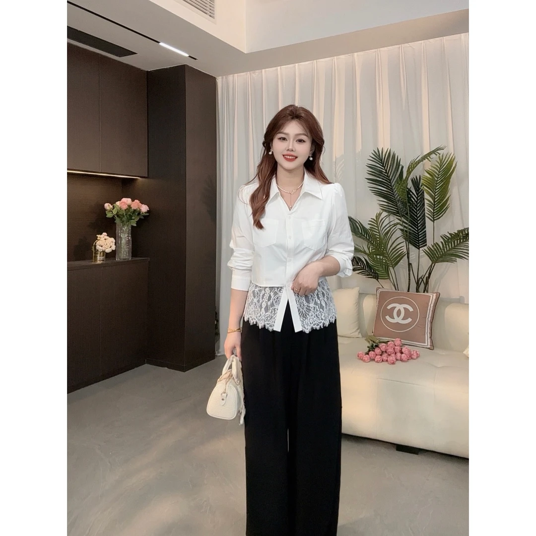 楠序迪迪微胖女装2025秋季新款显瘦气质时尚蕾丝拼接衬衫DD10169