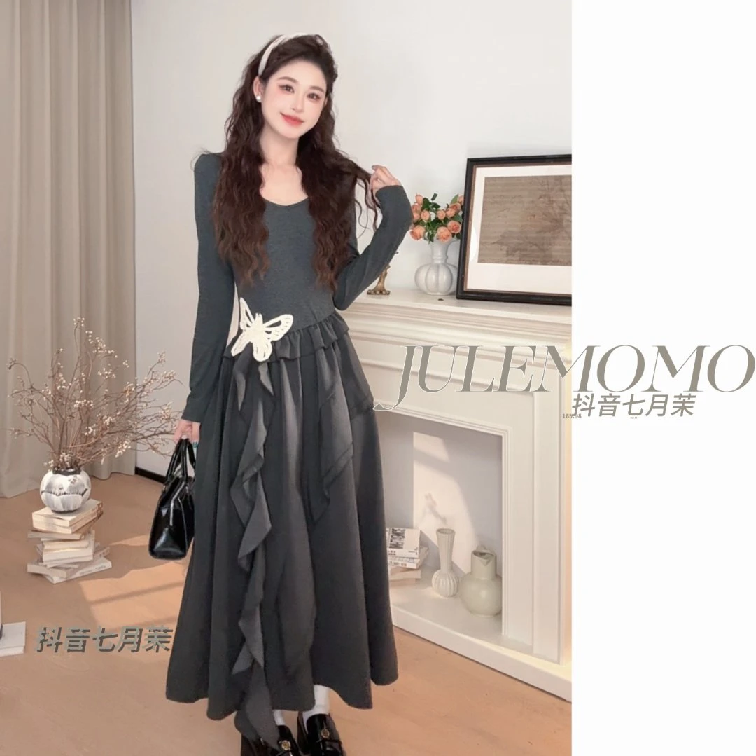 高级感气质V领长袖连衣裙女2025早秋不规则设计修身蝴蝶长裙