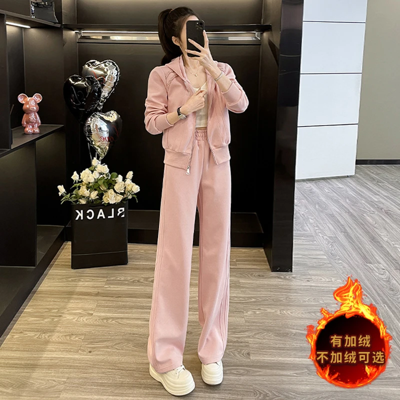 秋冬新款网红炸街时尚休闲运动套装女连帽开衫上衣阔腿裤两件套潮