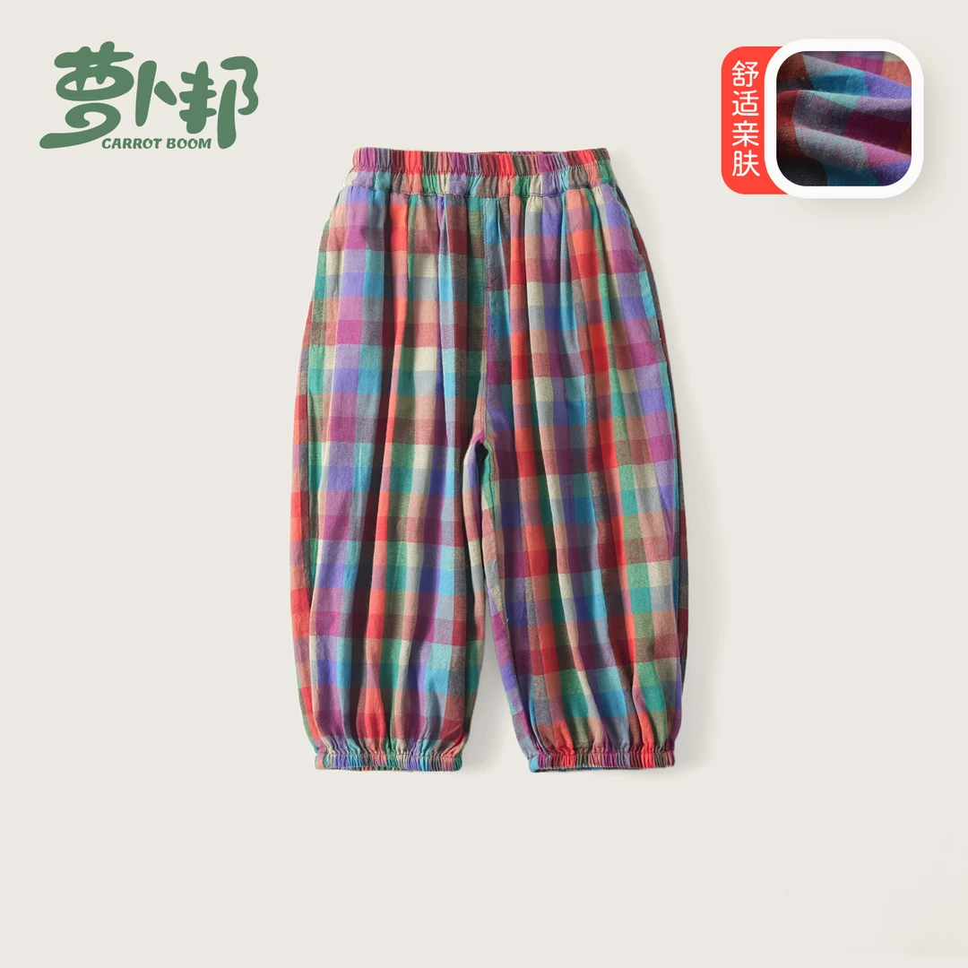 B6601休闲夏季25新款韩版裤子女宝宝夏薄款宽松红绿格子防蚊裤