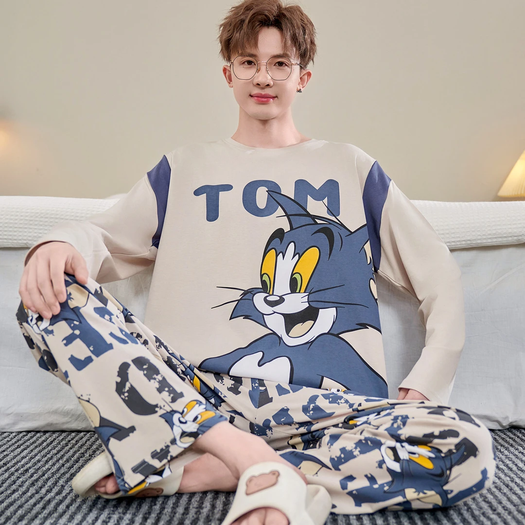 卡通睡衣春秋男款长袖纯棉薄款青少年套装秋冬季加大码学生家居服