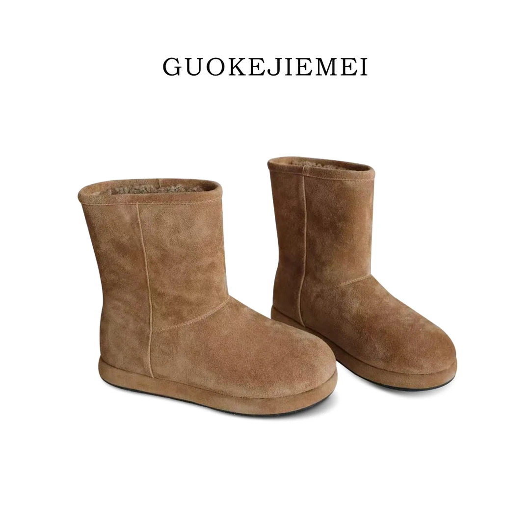 【Jellykk】4cm冬季百搭高丝光头层牛皮内增高羊皮毛一体时装雪地靴