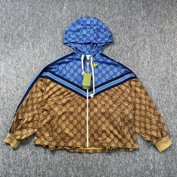 全新未使用 GUCCI/古驰 7368/棕蓝拼色双G满印字母logo外套/M码
