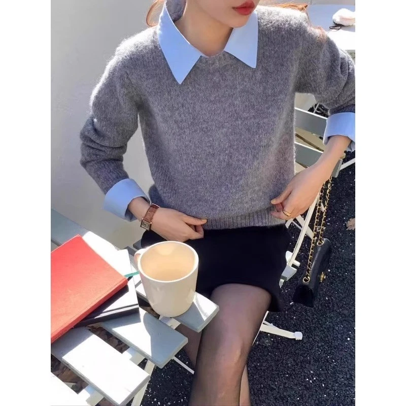 灰色假两件polo领内搭毛针织衫女秋冬法式高智感宽松撞色打底上衣