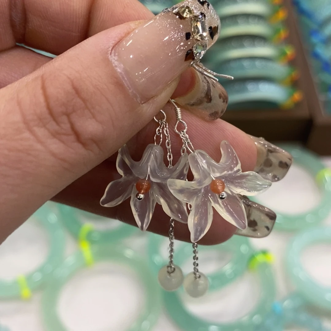 蛇纹石玉银S925镶嵌耳饰