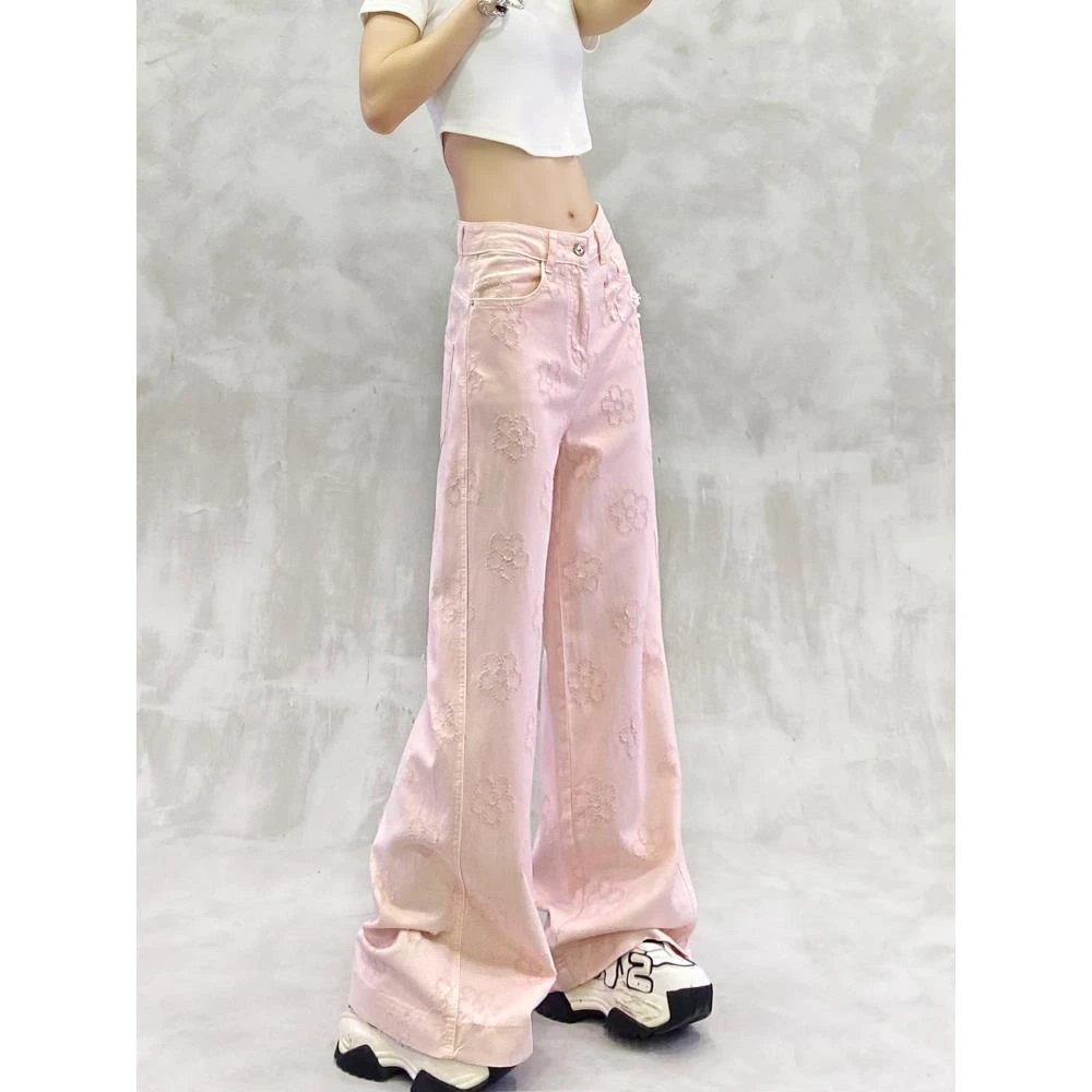 花朵提花装饰休闲牛仔裤女夏新款高腰宽松显瘦百搭直筒阔腿拖地裤