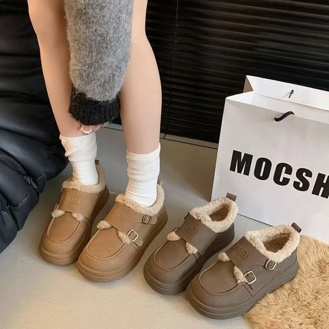 肯鞋女2025秋冬季新款增高厚底乐福鞋加绒雪地靴
