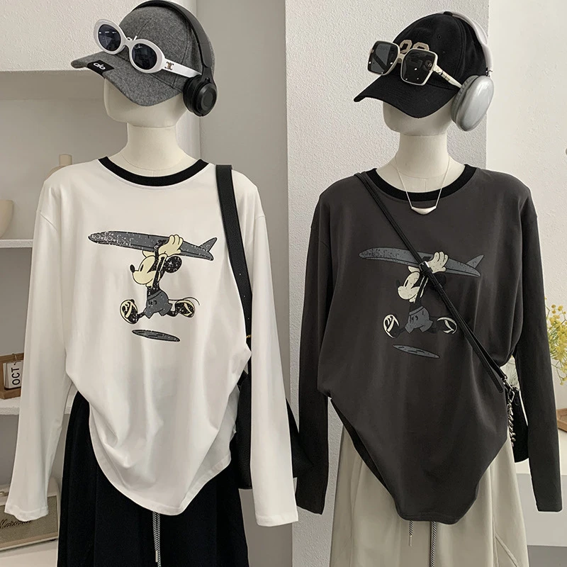 欧玛莱撞色圆领动漫卡通印花长袖棉质宽松内搭打底衫T恤上衣6043